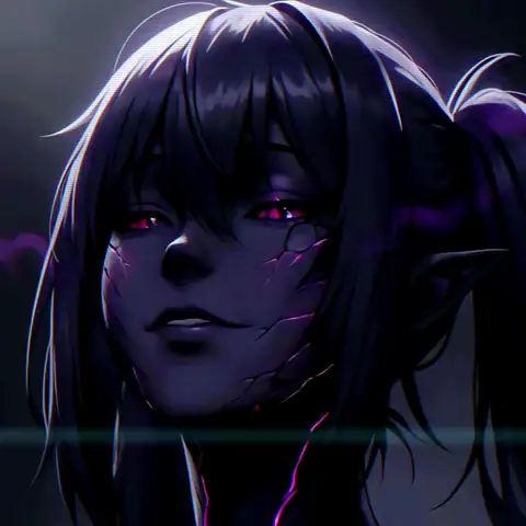 Priestess-Five, violet cracks spreading from under her eye to her throat, her hand at her neck