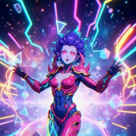 Sena Tijani in magenta segmented armour on a neon grid
