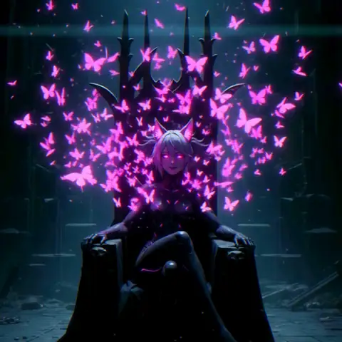Priestess-Five on a black spiked throne, magenta lightning and butterflies around her