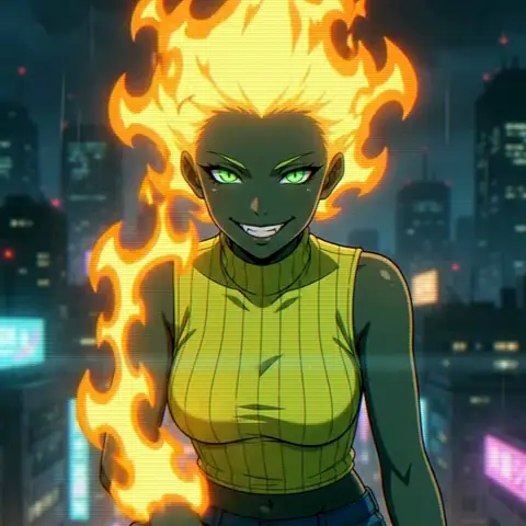 Asha Vasiliev on a rainy rooftop at night, her hair catching fire