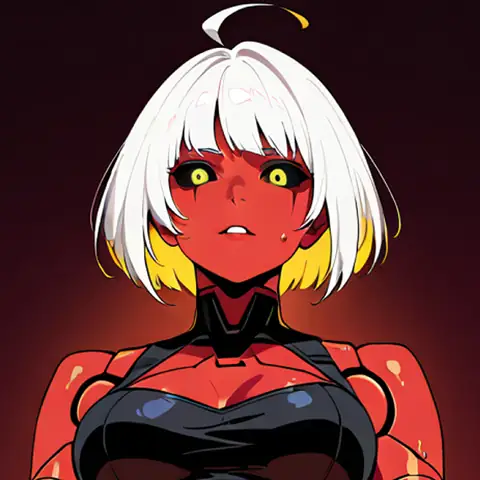Lyra-Seven, a red-skinned girl with a white bob