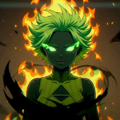 Asha Vasiliev, her green hair crowned in orange flame