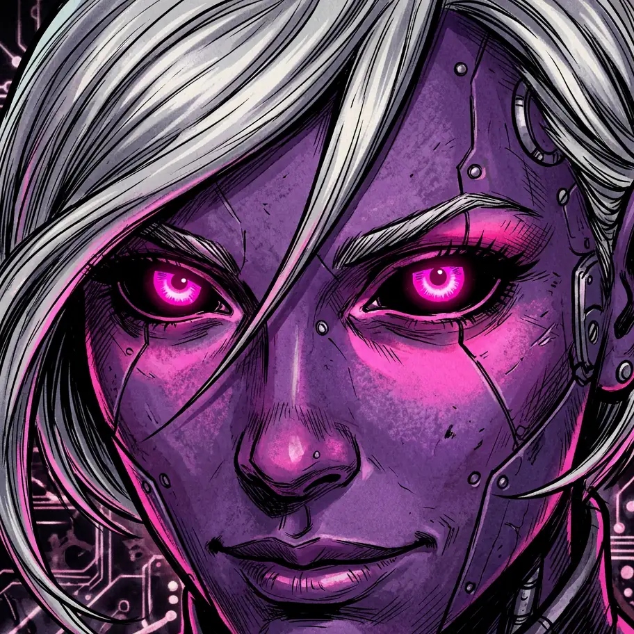Sakuya up close: white hair, violet skin, glowing pink eyes