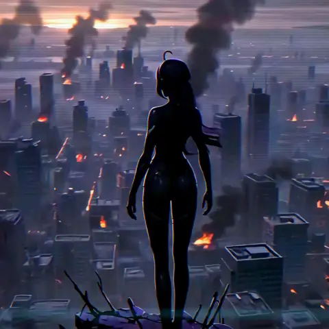 Priestess-Five as a silhouette with violet cracks, rising over a burning city