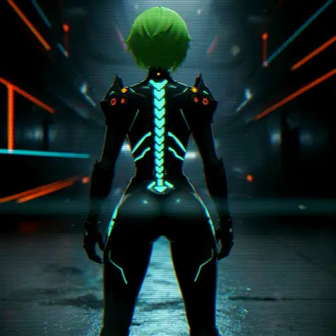 Runner-Dry-Channel seen from behind, teal seams glowing down her spine