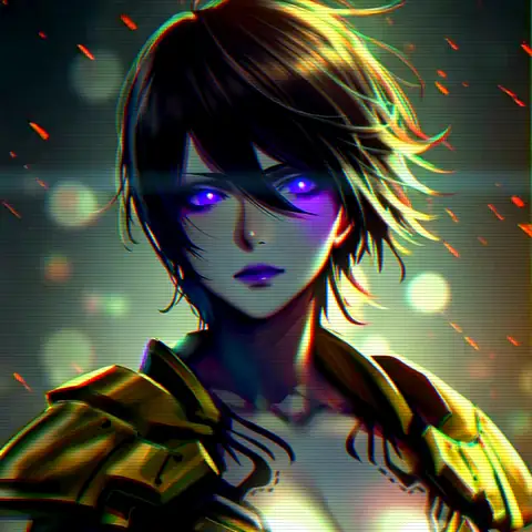 Hoshi Ito in gold-and-black armour, violet eyes, embers behind her