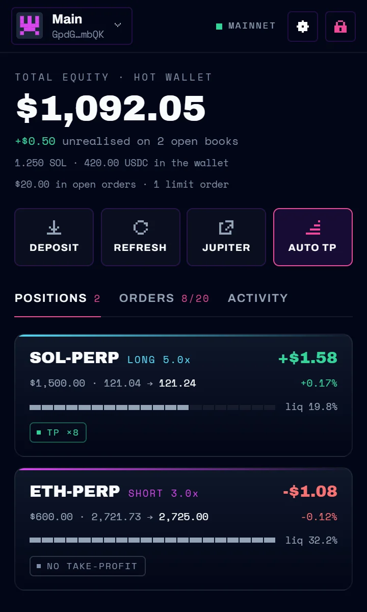 Wallet home with open positions