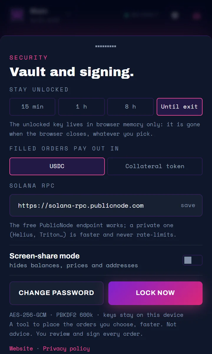Security settings in the popup