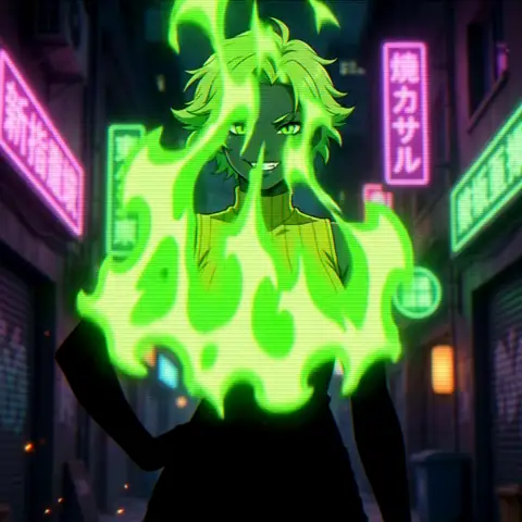 Asha Vasiliev in a neon alley, burning down to a shadow